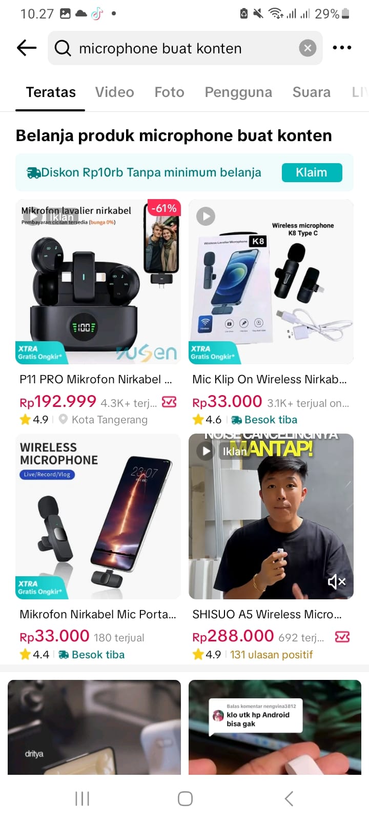 Contoh Screenshot Hasil Pencarian TikTok dengan Video Klien