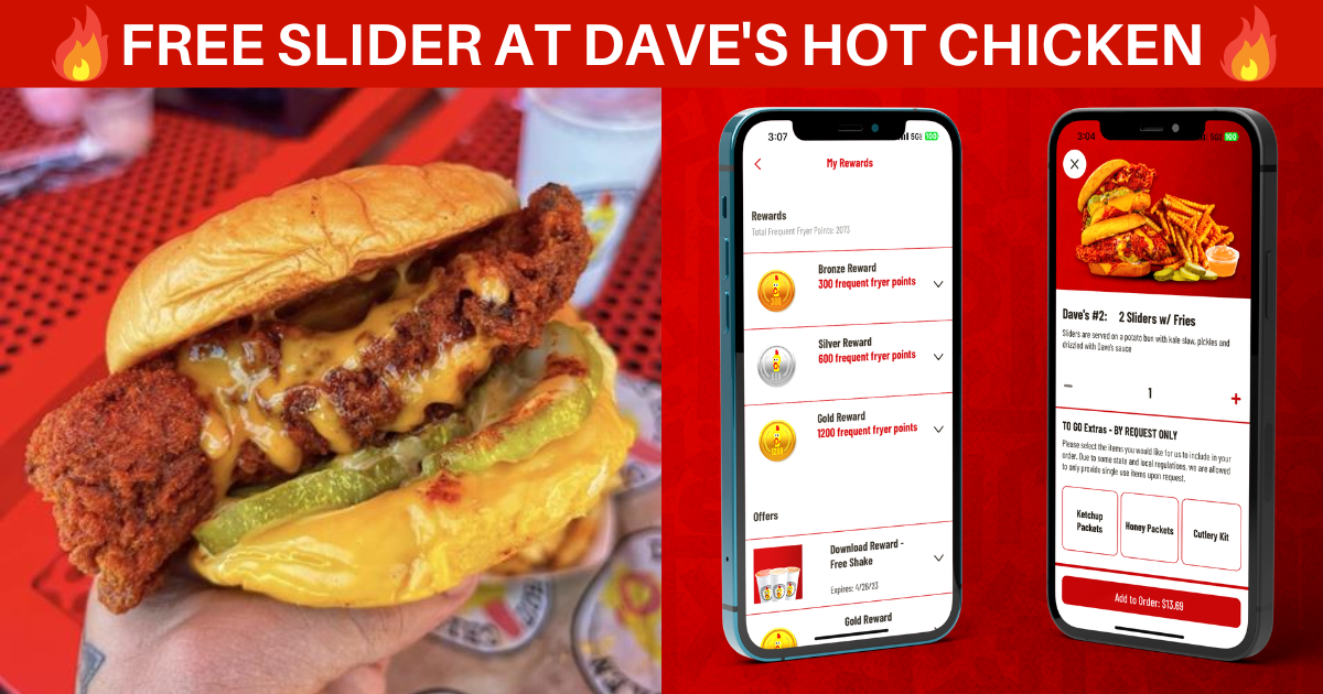 Dave's Hot Chicken logo with "Free Slider" promotion